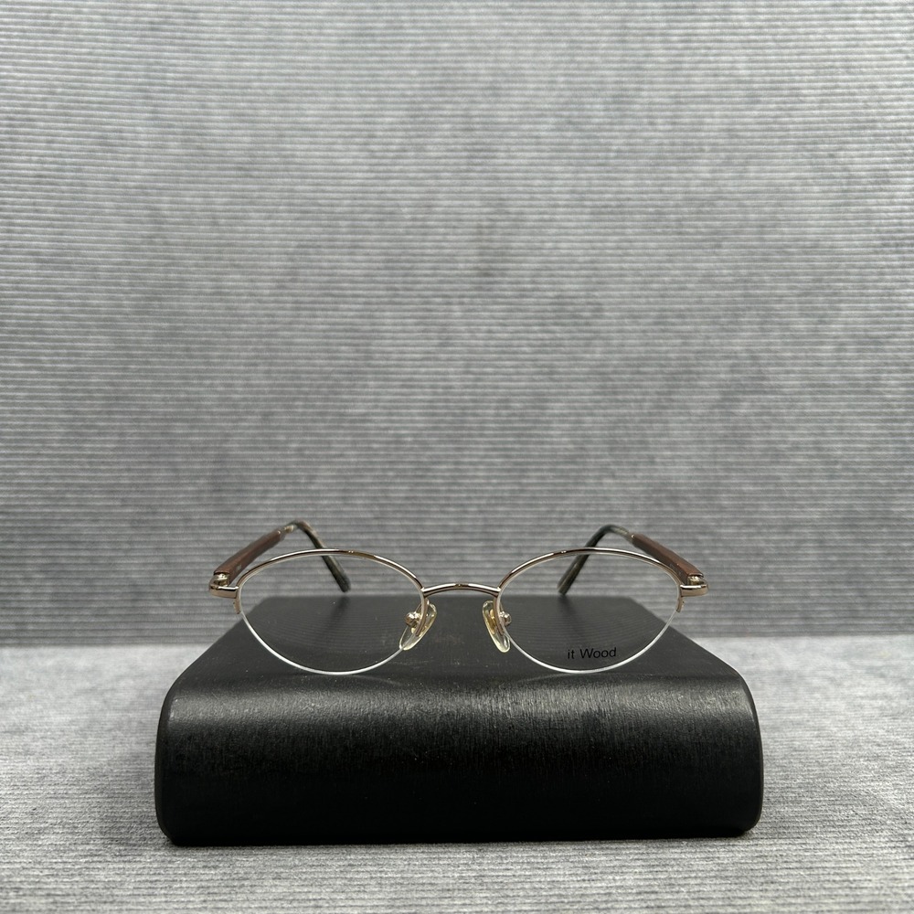 It Wood Gold Semi Rimless Oval Y2k Eyeglass Frames Wood Temples 47-20-140 C1